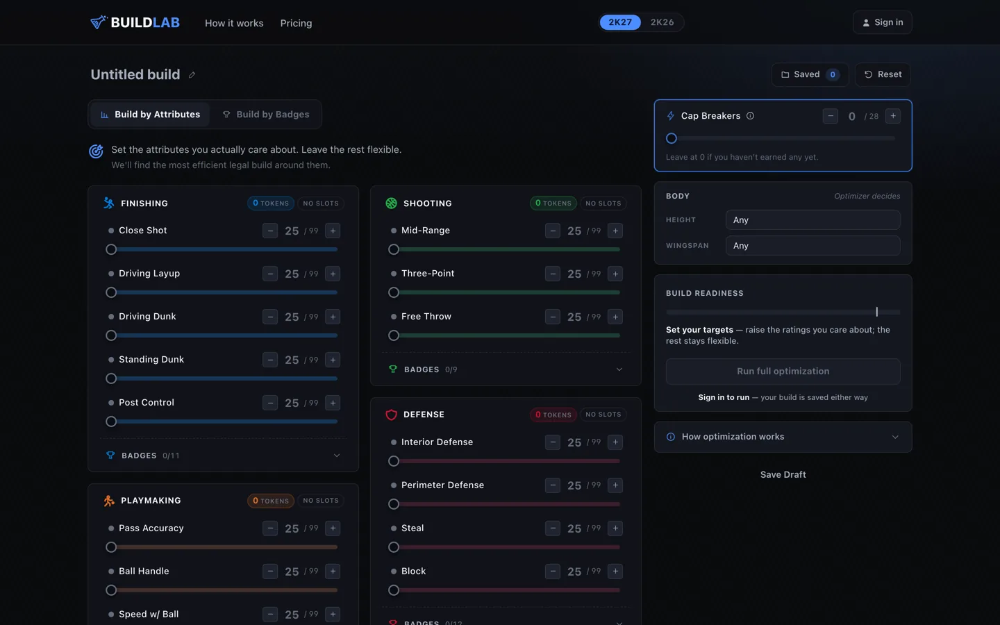 The 2K Build Lab builder with all attribute sliders at baseline