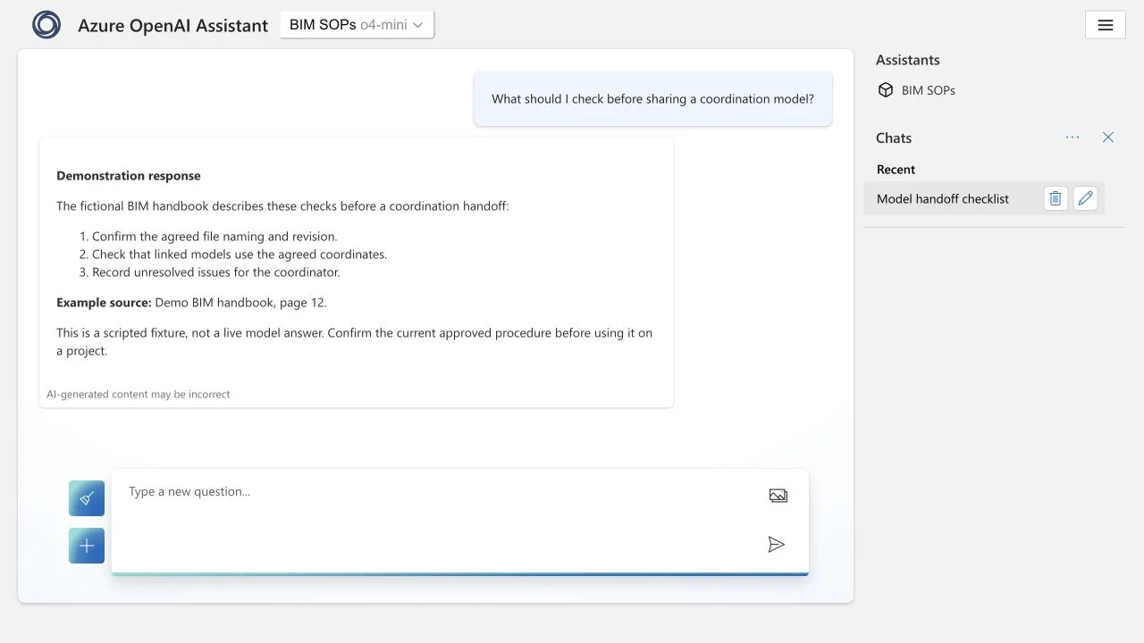 A fictional BIM documentation question and an illustrative assistant response in the real chat interface.