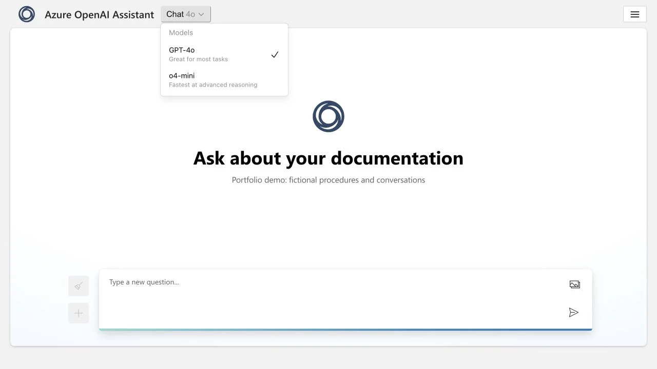 Azure OpenAI chat interface with the model deployment selector open.