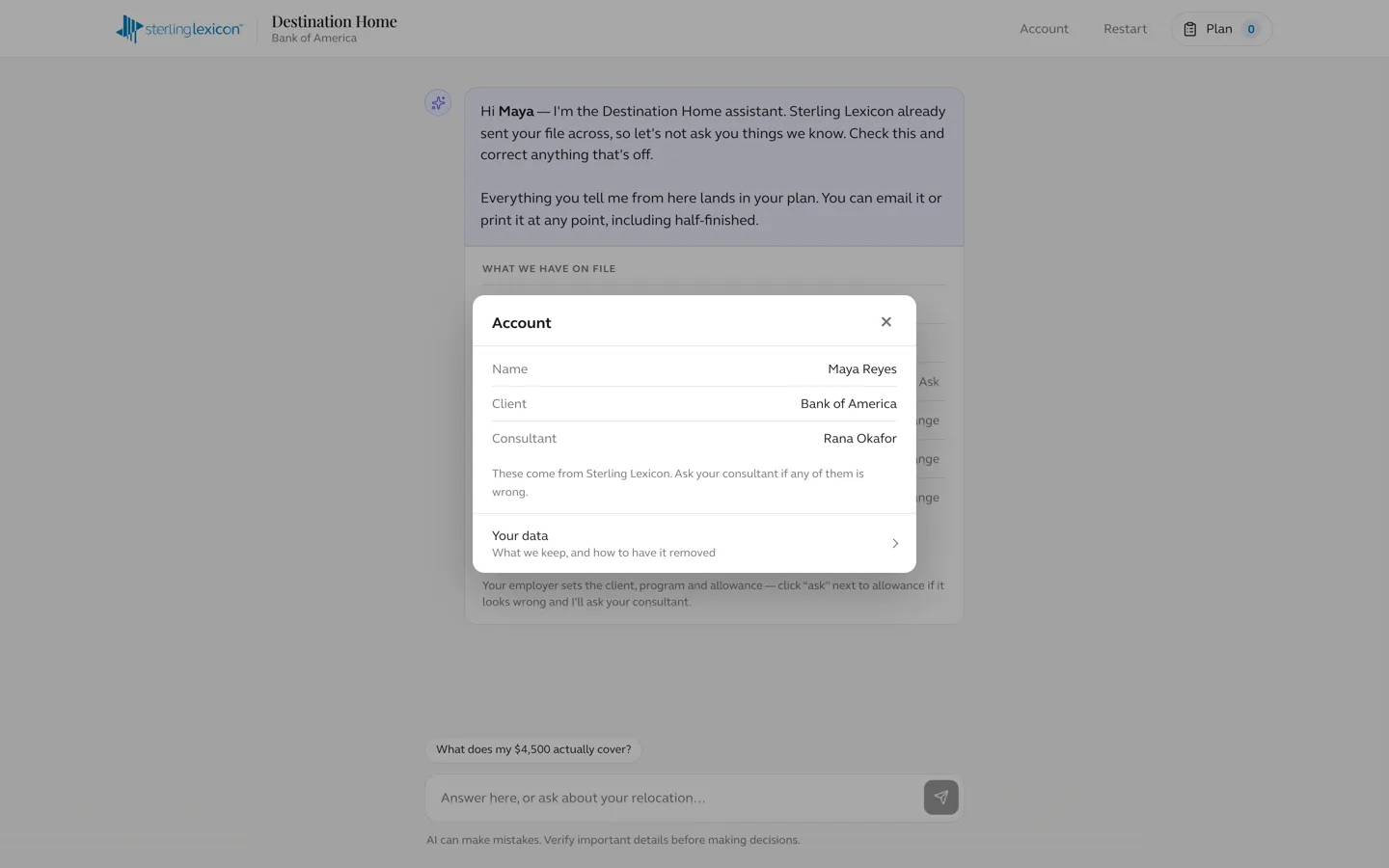 The account panel showing name, client and consultant, with an entry for reviewing and removing stored data.