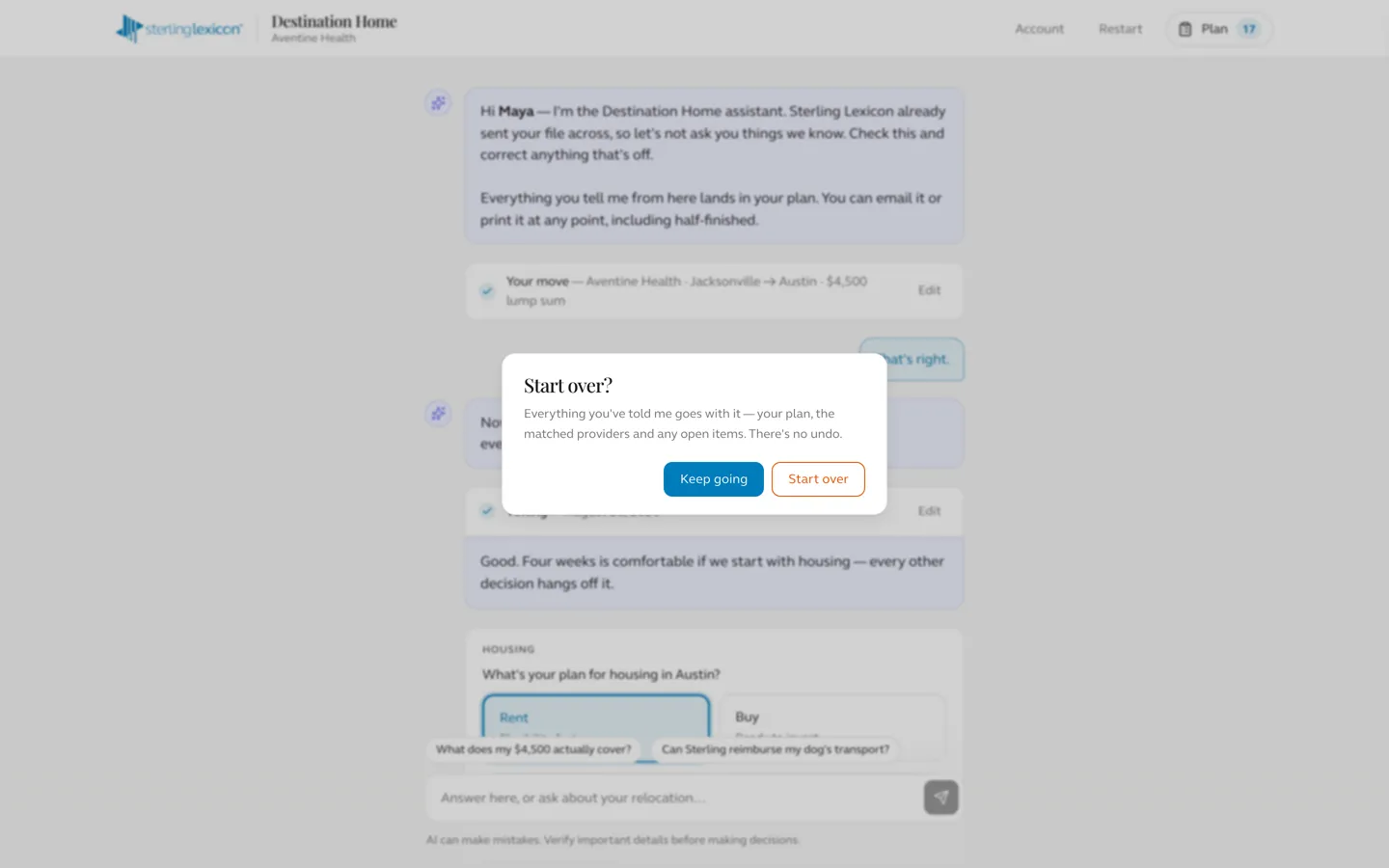 A confirmation dialog asking whether to start over, with the safe option focused and primary.