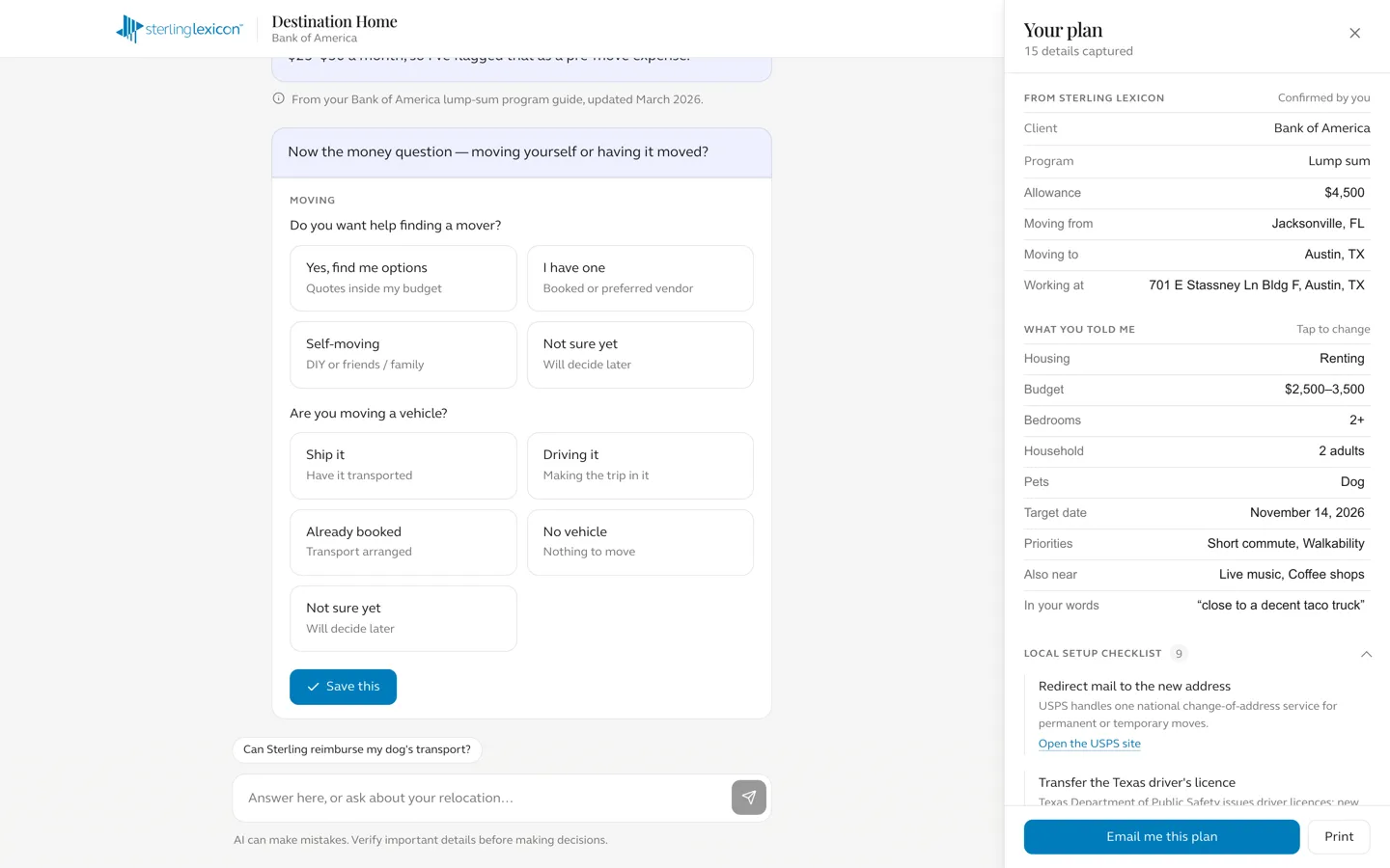 Structured option cards inside chat bubbles, with the plan drawer showing captured details and the setup checklist.
