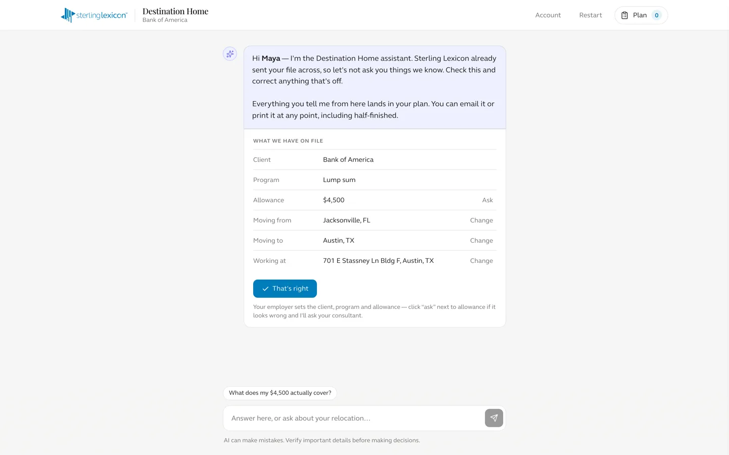 The what-we-have-on-file card listing client, program, allowance, origin, destination and workplace.