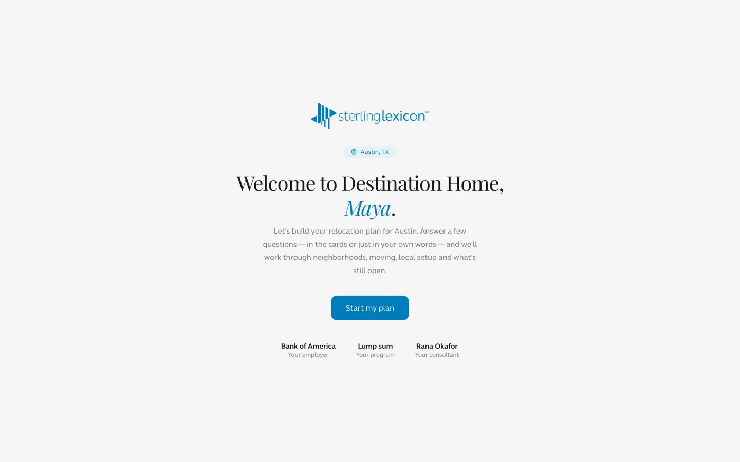 The welcome screen, naming the employer, the program type and the assigned consultant.