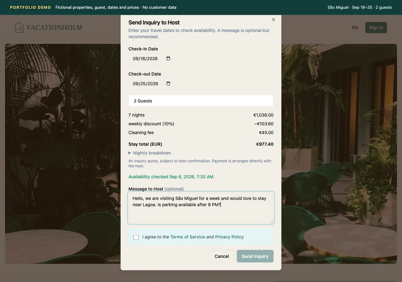 VacationHolm guest inquiry with stay dates, party details and a quoted total.