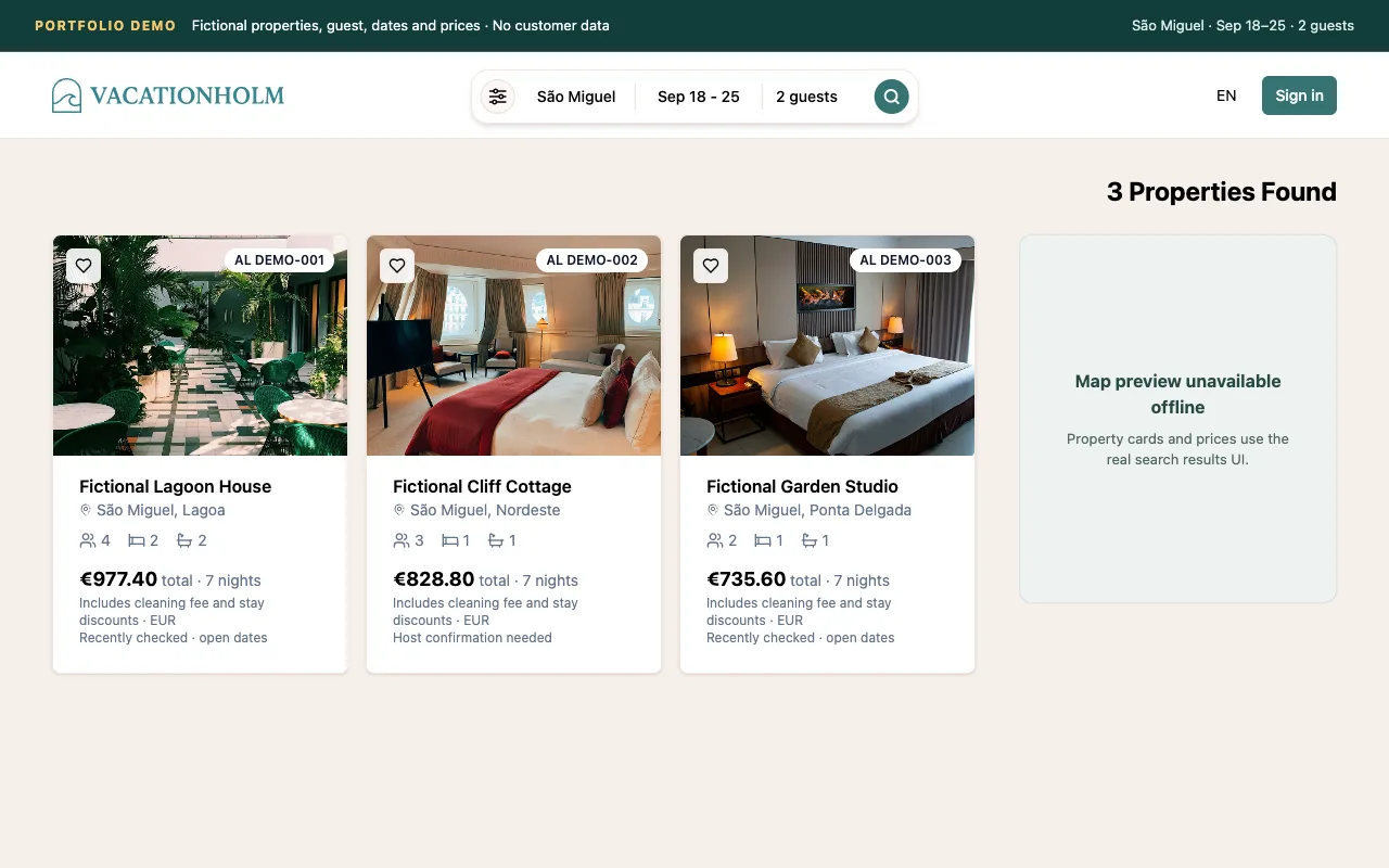 VacationHolm guest search with fictional holiday rentals and date-based pricing.