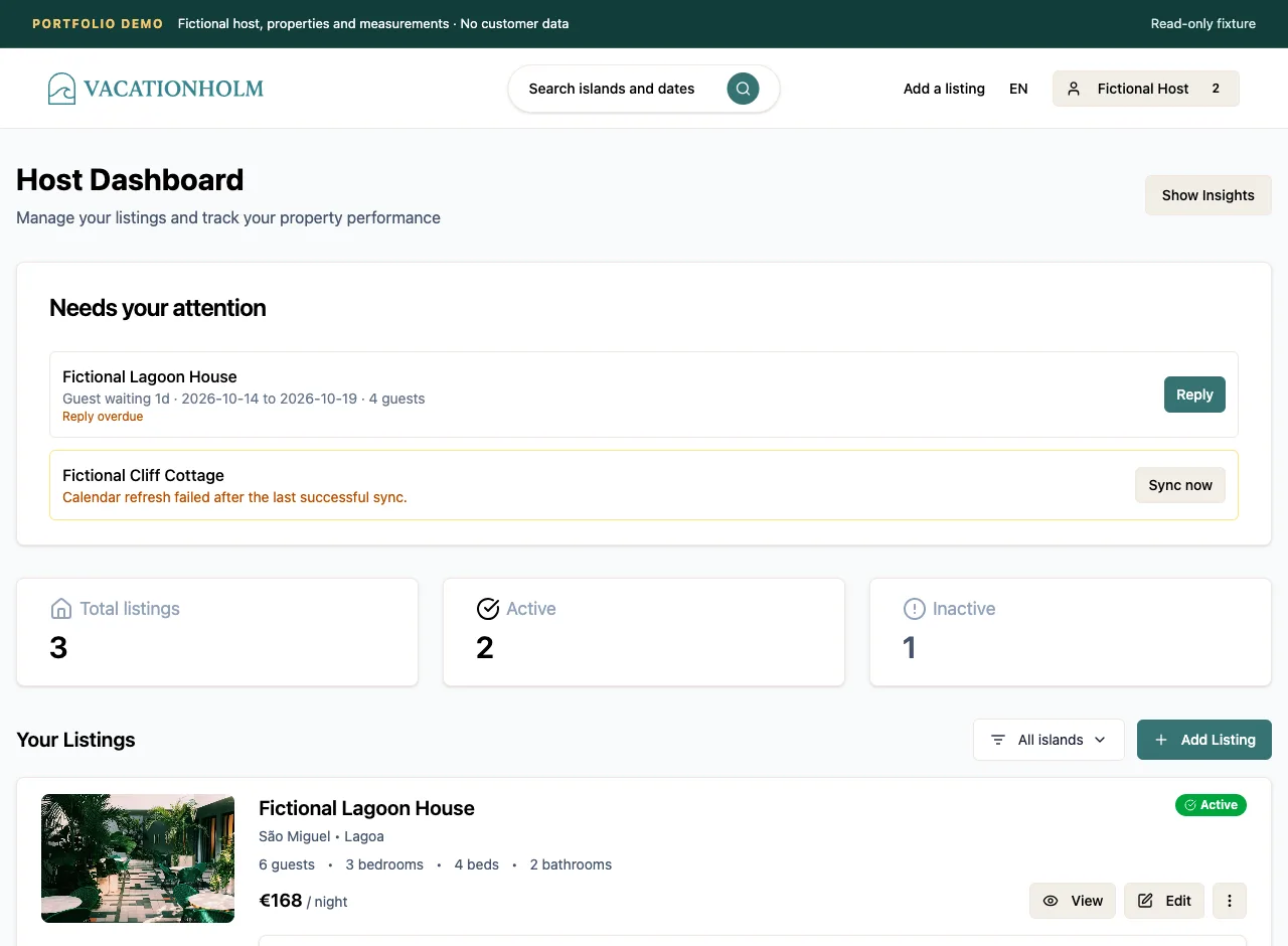 VacationHolm host dashboard with listing management and an attention queue.