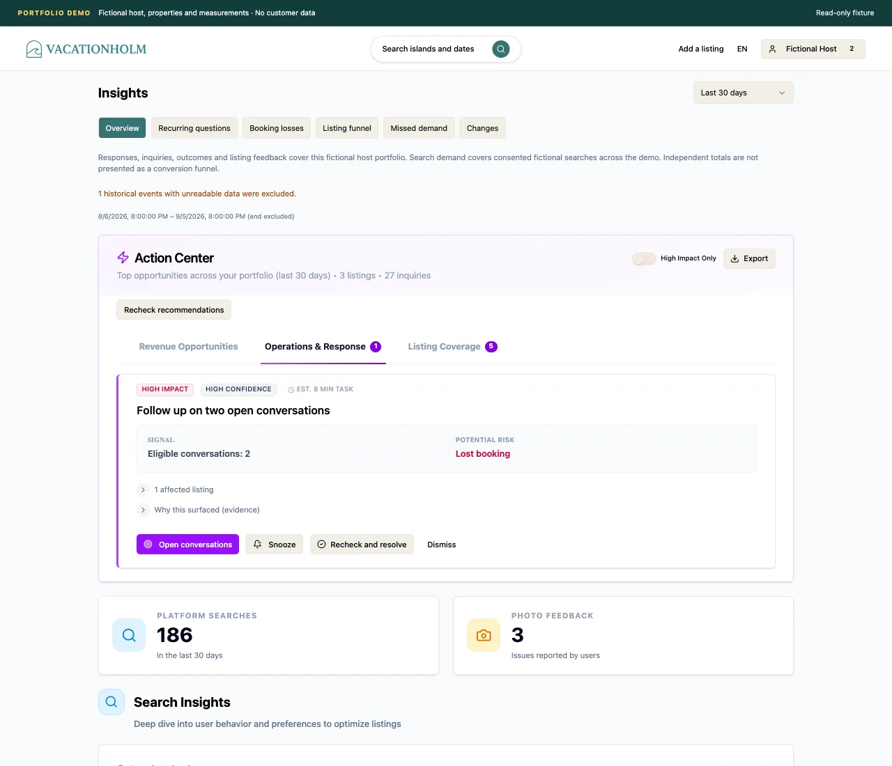 VacationHolm Insights overview with fictional portfolio activity.
