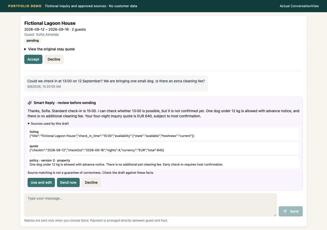 VacationHolm response draft and source evidence in a fictional guest conversation.